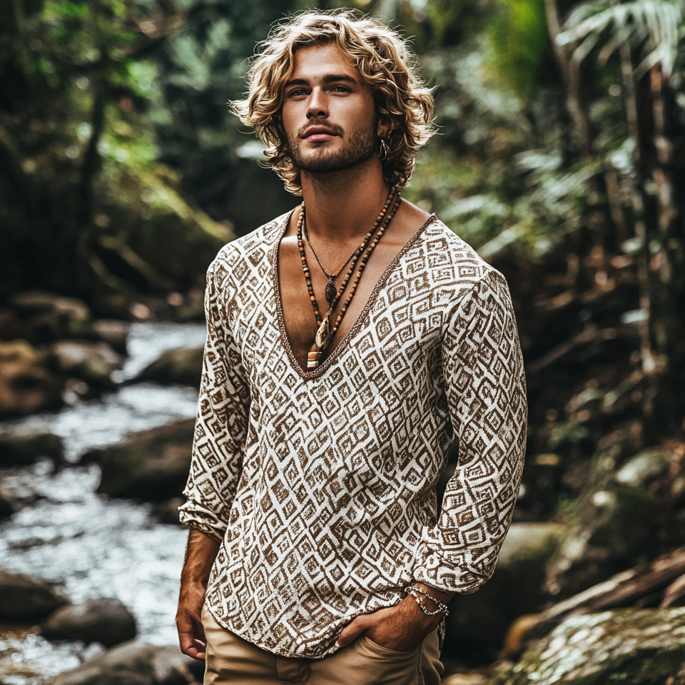 Men's Bohemian Holiday Style V-neck T-shirt artswardrobe