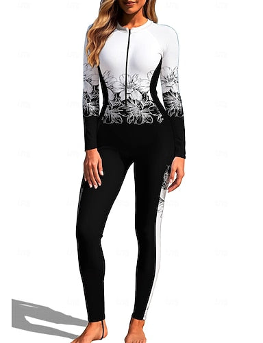 Regular Rash Guard Full Body Rash Guard One Piece Surfing Suit Tropical Color-blocking Zip Up With Built in Bra Front Zip Uv Sun Protection Full Coverage Upf50+ Long Sleeve Full Body