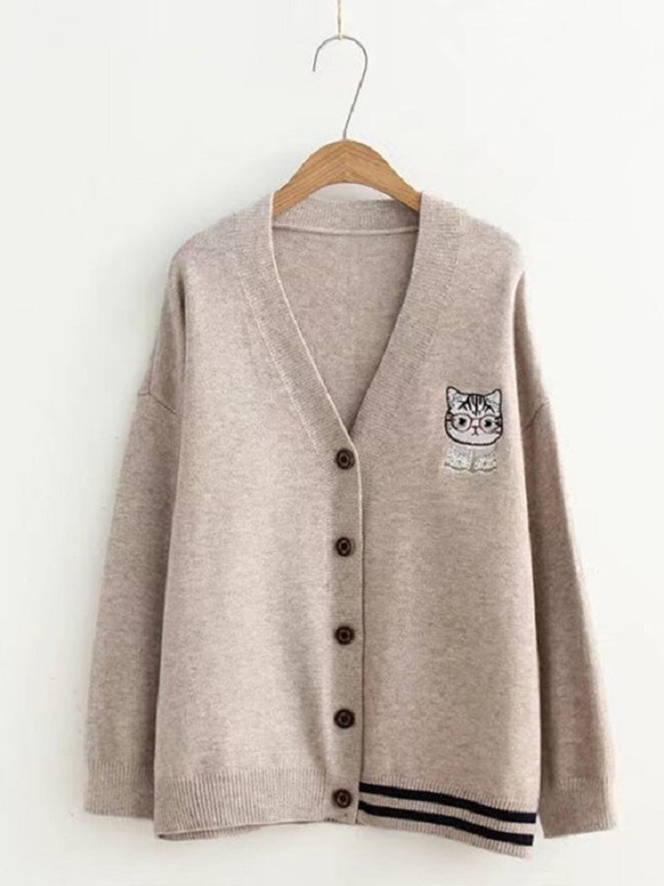 Cat Embroidery Soft Knit Sweater Cardigan elevenforest