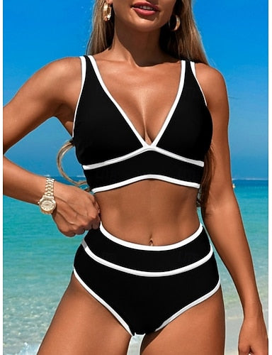 Bikini 2 Piece Swimsuit Colorblock Cheeky Tummy Control High Waist Slim Backless Vacation Beach Wear Stripe V Neck Sleeveless Bathing Suits