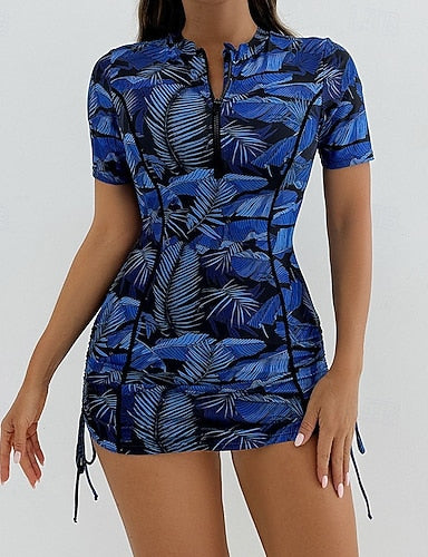 Swimwear 2 Piece Shorts Swimsuit Zipper Vacation Beach Wear Graphic Round Neck Short Sleeves Bathing Suits