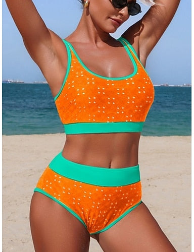 Swimwear Bikini 2 Piece High Waist Swimsuit Slim Backless Vacation Beach Wear Color Polka Dot Scoop Neck Sleeveless Bathing Suits