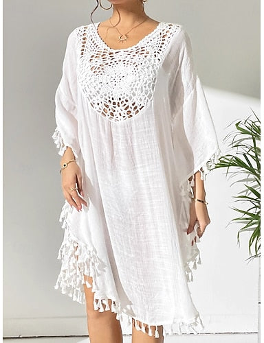 Cover Up Swimsuit Dress Lace Patchwork Fringe Vacation Beach Wear Color Round Neck Long Sleeve Bathing Suits