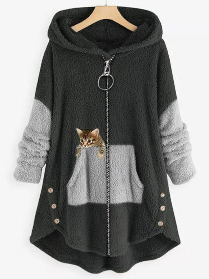 Manteau polaire à capuche avec panneaux colorblock et poche brodée d'un chaton