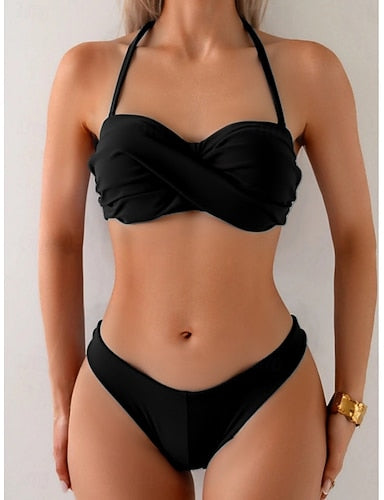 Swimwear Bikini 2 Piece Cheeky Swimsuit Slim Backless Vacation Beach Wear Color Halter Neck Sleeveless Bathing Suits