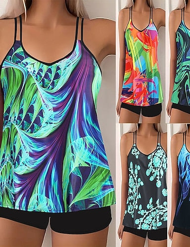Swimwear 2 Piece Shorts Swimsuit Backless Vacation Beach Wear Graphic Color Block V Neck Sleeveless Bathing Suits