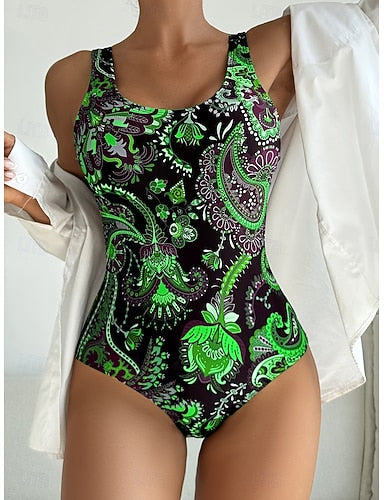 One Piece Swimsuit Slimming Monokini High Cut Tummy Control High Waist Slim Backless Vacation Paisley U Neck Sleeveless Bathing Suits