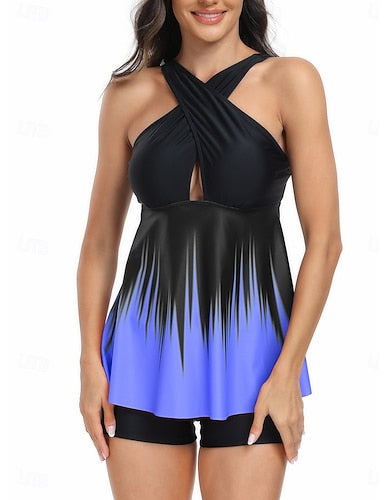 Tankini 2 Piece Swimsuit Shorts Tummy Control High Waist Slim Backless Vacation Beach Wear Ombre Halter Neck Sleeveless Bathing Suits