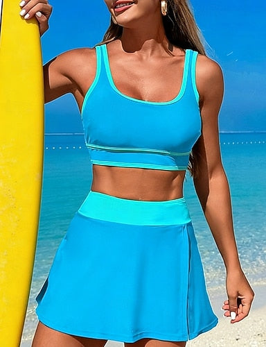 Tankini 2 Pieces Swimsuits Color-blocking Elastic Sleeveless Swimwear Surfing Snorkeling Swimming Summer