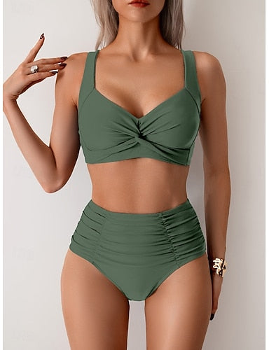 Swimwear Bikini 2 Piece Briefs Swimsuit Backless Slim High Waisted Vacation Beach Wear Color V Neck Sleeveless Bathing Suits