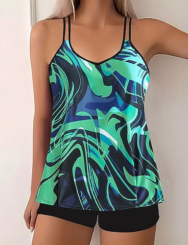 Swimwear 2 Piece Shorts Swimsuit Backless Vacation Beach Wear Graphic Color Block V Neck Sleeveless Bathing Suits