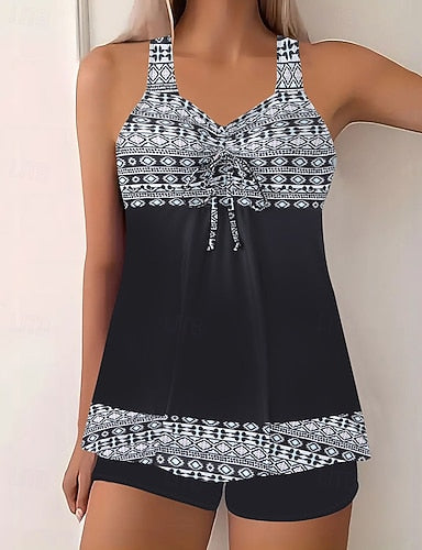 Swimwear 2 Piece Shorts Swimsuit Backless Vacation Beach Wear Graphic Round Neck Sleeveless Bathing Suits