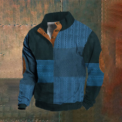 Men's Vintage Western Patchwork Print Standing Collar Casual Sweatshirt elevenforest
