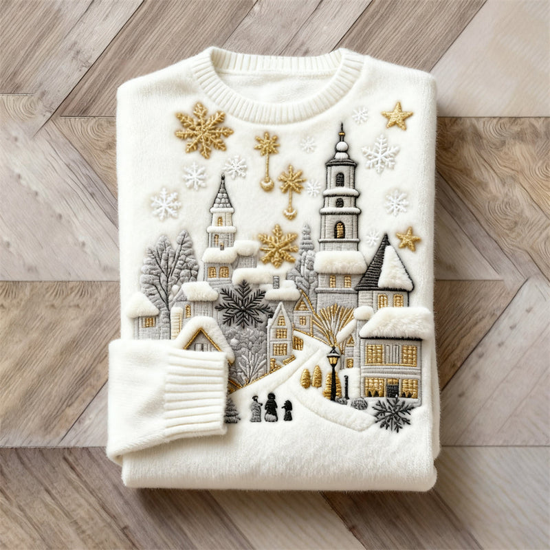 Pull en coton avec village blanc enneigé