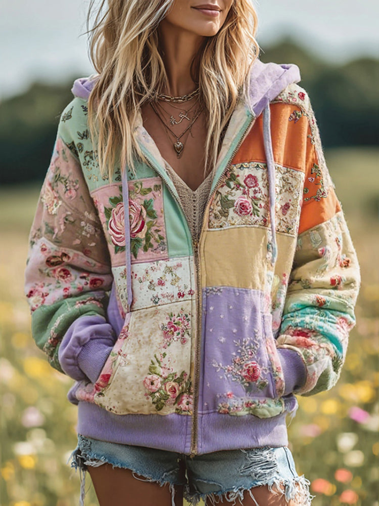 Women's Vintage Floral Patchwork Cozy Warm Zipper Hoodie artswardrobe
