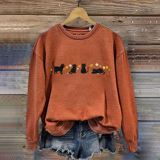 Women's Cute Floral Black Cat Embroidered Sweatshirt elevenforest