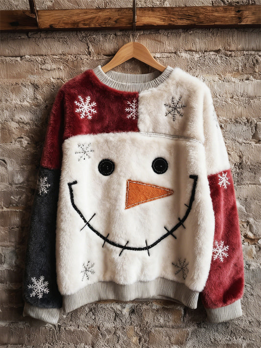 Vintage Christmas Snowman Face Snowflakes Colorblock Plush Sweatshirt