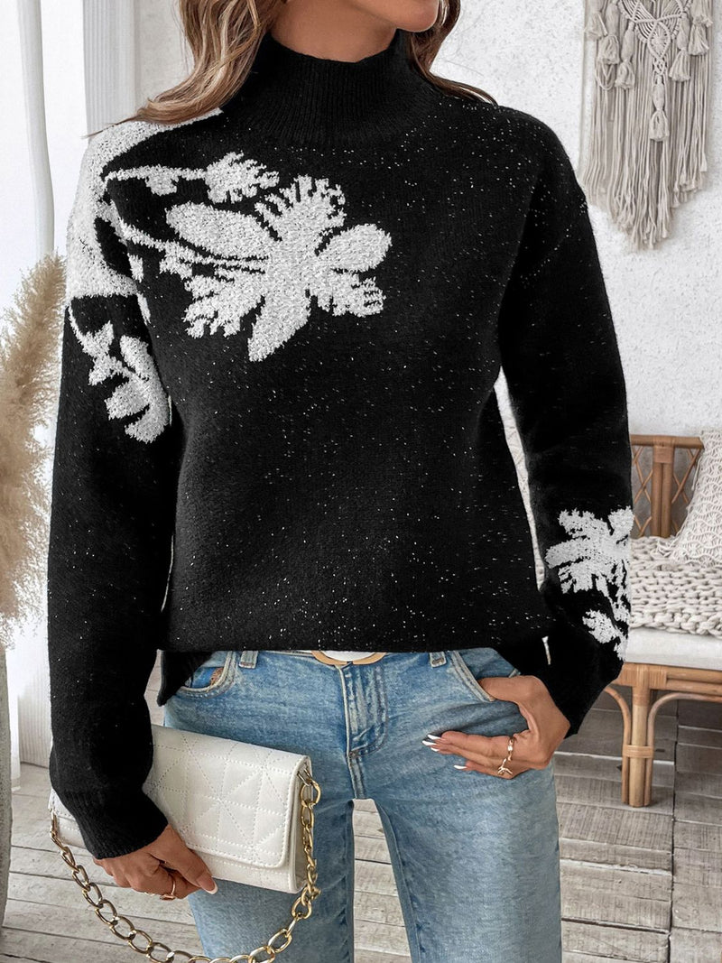 Pull en coton à col montant et motif jacquard floral monochrome