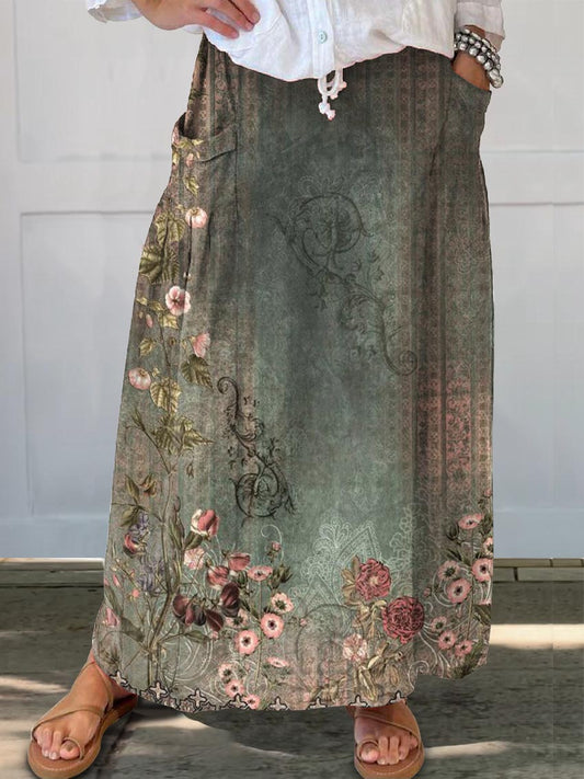 Women's Vintage Ethnic Floral Print Linen Pocket Skirt