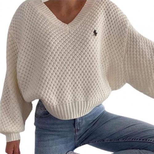 Pull en tricot ajouré de coton à col en V et motif nid d'abeille texturé