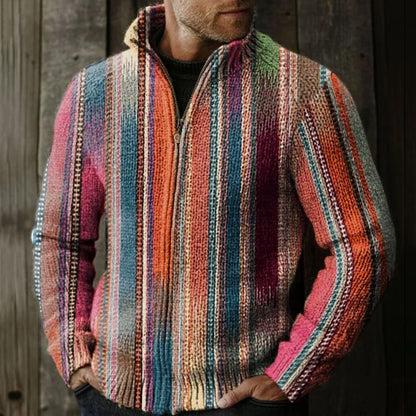 Men's Retro Colorful Striped Pattern Knitted Zip Sweater elevenforest