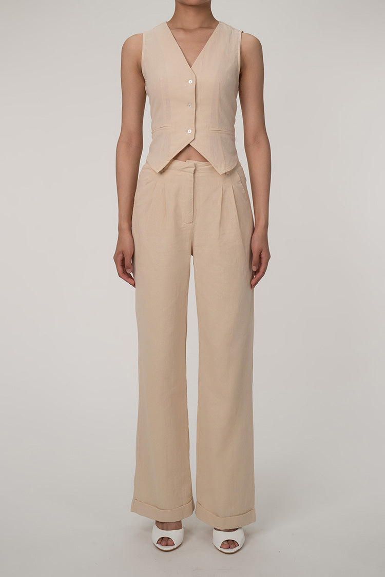 EP | Casual V-cou bouton gilet jambe large deux pièces de coton plissé ensemble de pantalons