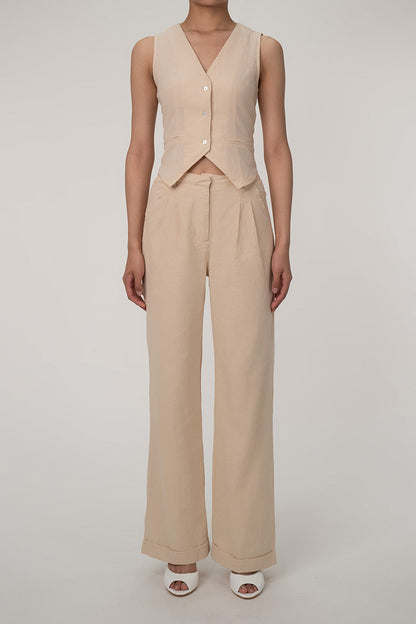 EP | Casual V-cou bouton gilet jambe large deux pièces de coton plissé ensemble de pantalons