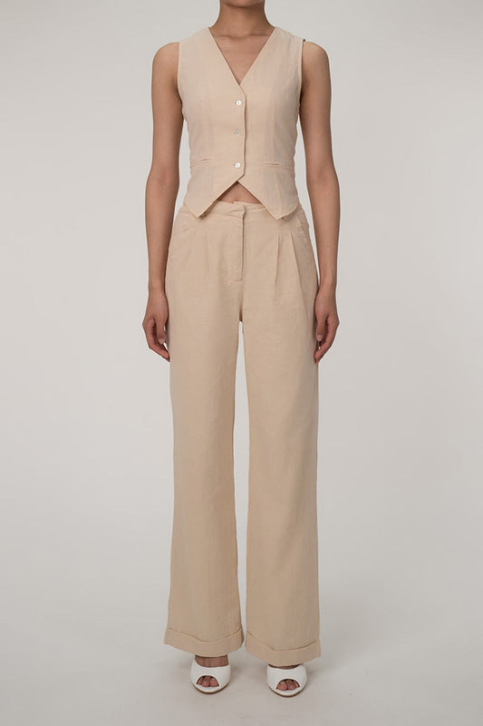 EP | Casual V-cou bouton gilet jambe large deux pièces de coton plissé ensemble de pantalons