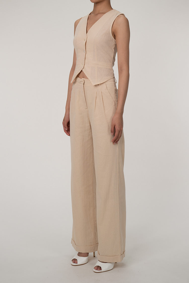 EP | Casual V-cou bouton gilet jambe large deux pièces de coton plissé ensemble de pantalons