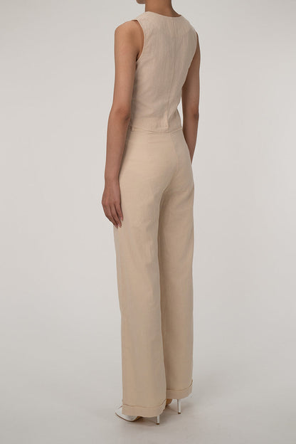 EP | Casual V-cou bouton gilet jambe large deux pièces de coton plissé ensemble de pantalons