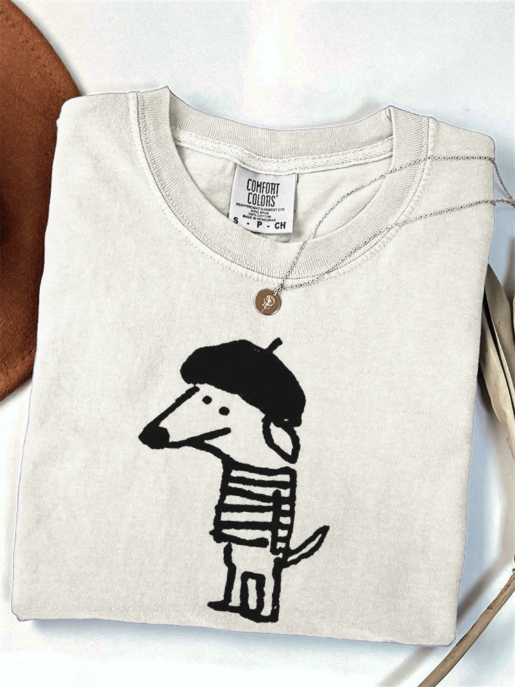 Comstylish Funny Hippie Dog Line Art Comfy T Shirt