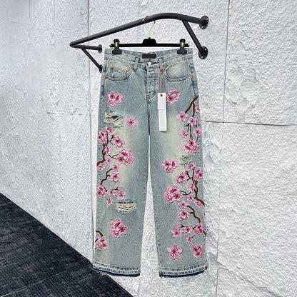 Comstylish Vintage Japanese Sakura Applique Embroidery Art Design Jeans