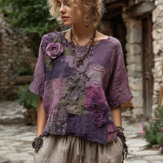 Vintage Purple Patchwork Rose Art Round Neck Loose T-shirt artswardrobe