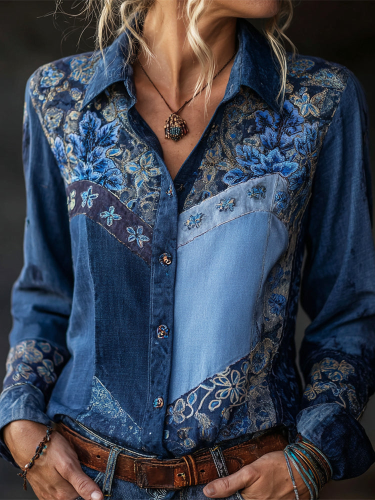 Boho Floral Geometric Thread Embroidery Women's Vintage Linen Shirt elevenforest