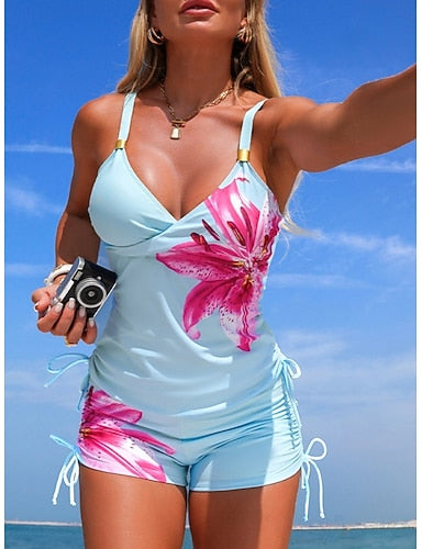 Swimwear Tankini 2 Piece Shorts Swimsuit Slim Backless Vacation Beach Wear V Neck Sleeveless Bathing Suits