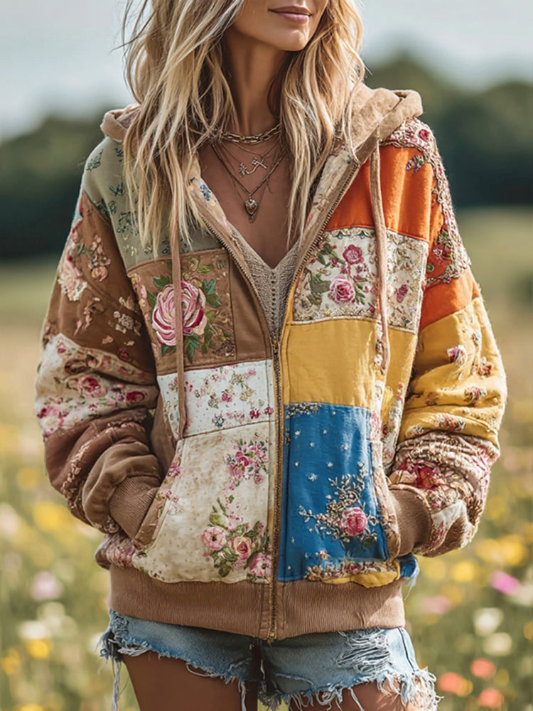 Women's Vintage Floral Patchwork Cozy Warm Zipper Hoodie artswardrobe