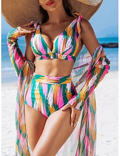Bikini 3 Piece Swimsuit Shorts Slim Backless Vacation Beach Wear Color Block V Neck Sleeveless Bathing Suits