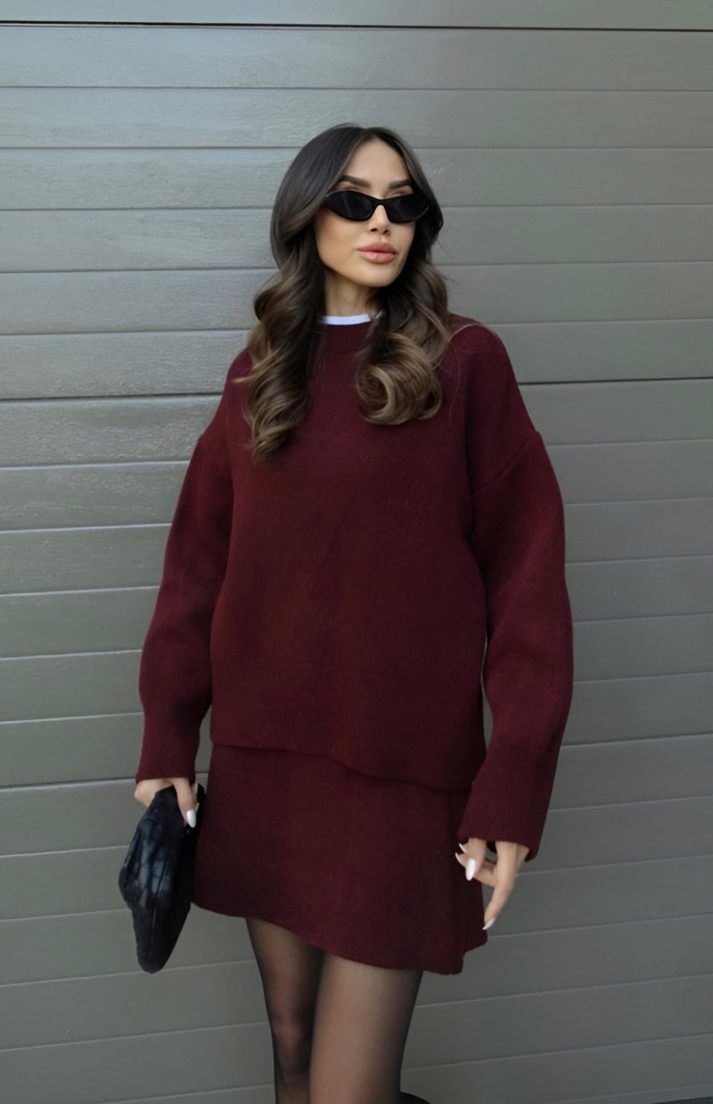 Robe-pull en coton unie couleur bordeaux