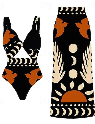 One Piece Swimsuit Colorblock Tummy Control High Waist Slim Backless Vacation Beach Wear Graphic V Neck Sleeveless Bathing Suits