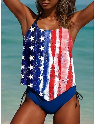 Independence Day American Swimwear Bikini 2 Piece Cheeky Swimsuit Slim Backless Vacation Beach Wear Graphic Flag V Neck Sleeveless Bathing Suits