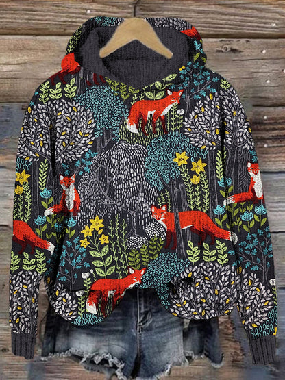 Fox in the Forest Graphic Vintage Cozy Knit Hoodie artswardrobe