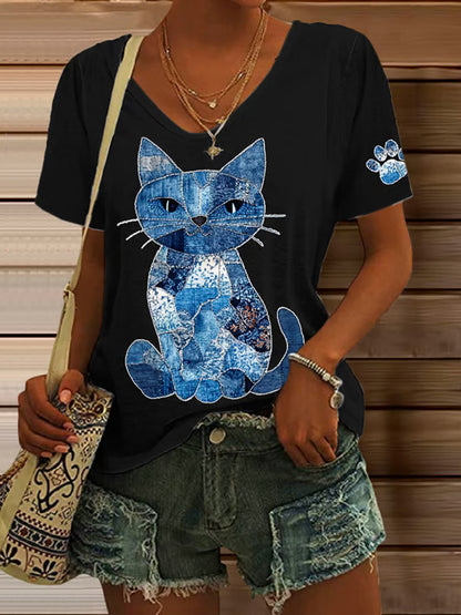 Women's Retro Animal Cat Print V-neck T-shirt elevenforest