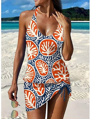 Swimwear Tankini Skirt Swimsuit Halter Vacation Graphic V Neck Sleeveless Bathing Suits