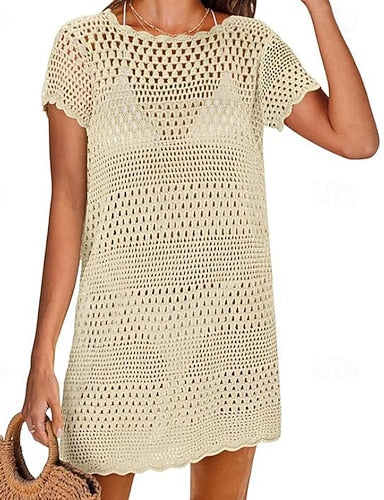 Swimwear Cover Up Swimsuit Cut Out Crochet Vacation Beach Wear Plain Round Neck Short Sleeves Bathing Suits