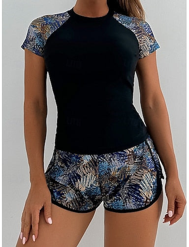 Tankini 2 Piece Swimsuit Palm Shorts Tummy Control High Waist Slim Backless Vacation Beach Wear Leaves Round Neck Short Sleeves Bathing Suits
