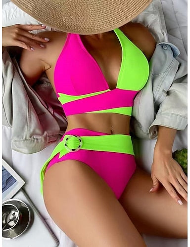 Swimwear Bikini 2 Piece Cheeky Swimsuit Slim Backless Vacation Beach Wear Color Block V Neck Sleeveless Bathing Suits