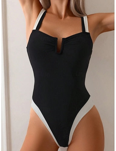Swimwear One Piece Monokini Swimsuit Tummy Control High Waist Slim Backless Vacation Color Block V Neck Sleeveless Bathing Suits