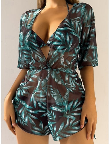 Swimwear Bikini Three Piece Cheeky Swimsuit Slim Backless Vacation Beach Wear Graphic Plunge Sleeveless Bathing Suits
