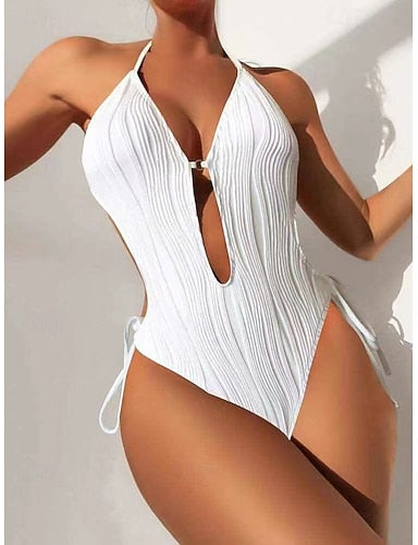 One Piece Swimsuit Cutout Underwire Monokini Tummy Control High Waist Slim Backless Vacation Beach Wear Color Halter Neck Sleeveless Bathing Suits