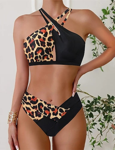 Tankini Two Piece Swimsuit Halter Backless Swimwear Leopard Print Swimwear Blue Black Quick Dry Lightweight Breathable Sleeveless - Surfing Beach Swimming Summer Spring